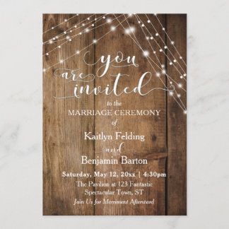 Rustic Brown Wood, White Light Strings Wedding Invitation