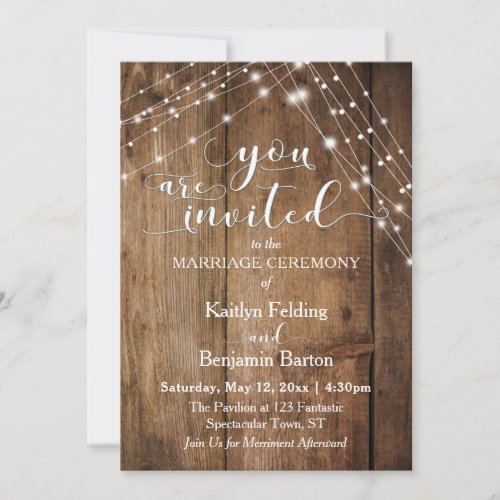 Rustic Brown Wood White Light Strings Wedding Invitation