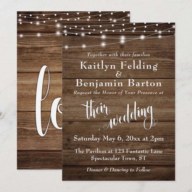 Rustic Brown Wood White Lights & Script, Wedding 2 Invitation (Front/Back)
