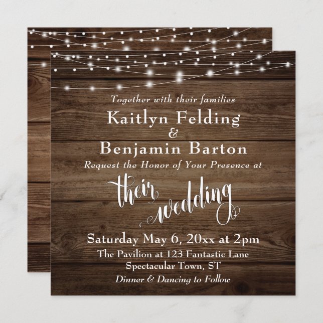 Rustic Brown Wood White Lights & Script, Wedding Invitation (Front/Back)