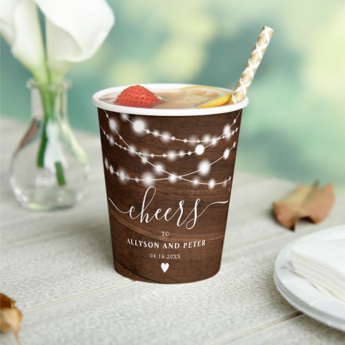 Rustic brown wood white string light chic wedding paper cups