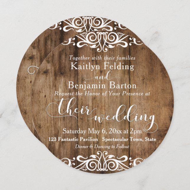 Rustic Brown Wood & White Typography Wedding 2c Invitation (Front/Back)