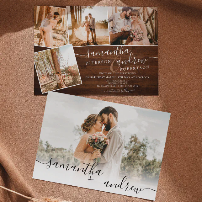 Rustic brown wood winter script 5 photos wedding invitation | Zazzle