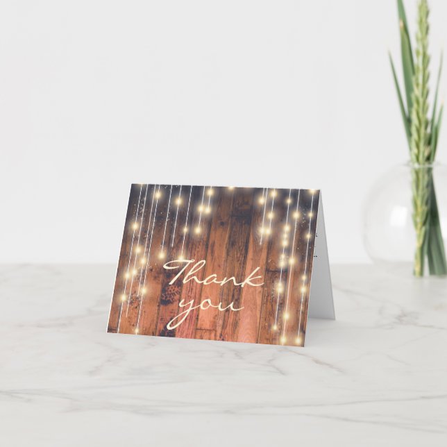 Rustic Brown Wood with Lights | Thank You Cards (Front)