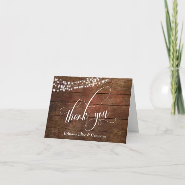 Rustic Brown Wood with White Light Strings Elegant Thank You Card (Front)