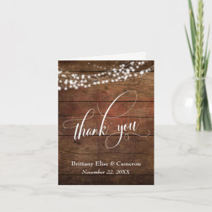 Rustic Brown Wood with White Light Strings Letterpress Thank You Card