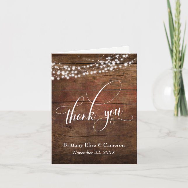 Rustic Brown Wood with White Light Strings Thank You Card (Front)
