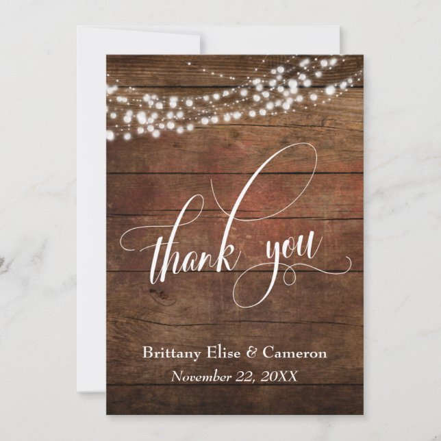 Rustic Brown Wood with White Light Strings Thank You Card (Front)
