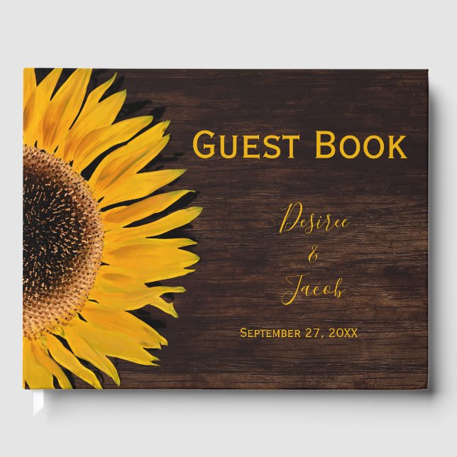 Rustic Brown Wood Yellow Sunflower Wedding Guest Book (Front)