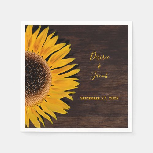 Rustic Brown Wood Yellow Sunflower Wedding Napkins