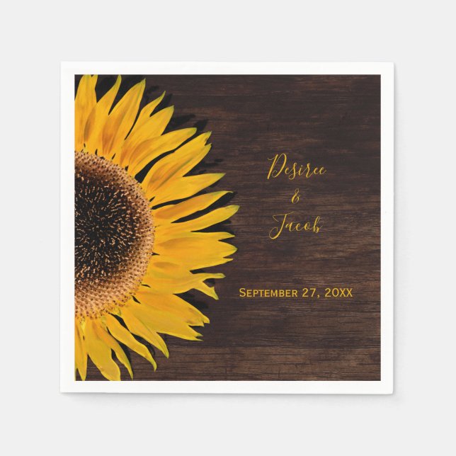 Rustic Brown Wood Yellow Sunflower Wedding Napkins (Front)
