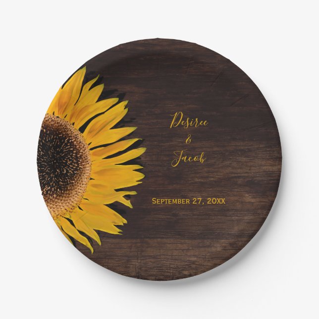 Rustic Brown Wood Yellow Sunflower Wedding Paper Plates (Front)
