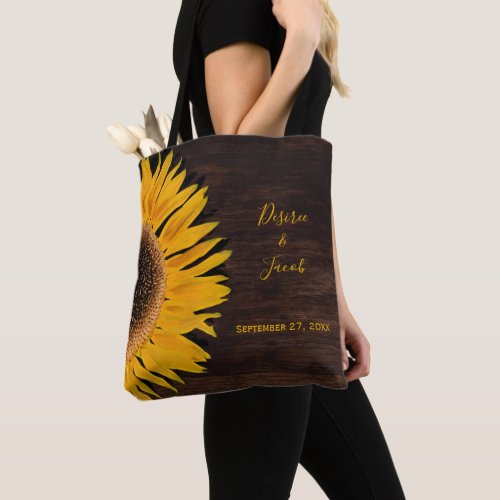 Rustic Brown Wood Yellow Sunflower Wedding Tote Bag