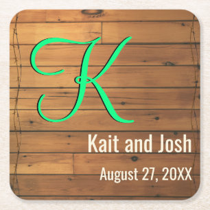 Rustic Brown Wooden Barn Wall Farm Monogram Square Paper Coaster