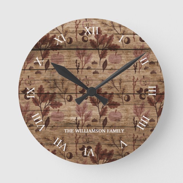 Rustic Brown Wooden Fall Pattern Family Name  Round Clock (Front)