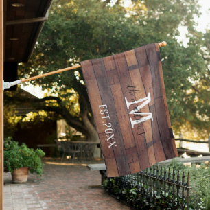 Rustic Brown Wooden Monogram Script House Flag