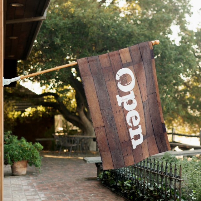 Rustic Brown Wooden Open Sign House Flag (In SItu)