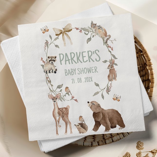Rustic Brown Woodland Baby Shower Paper Napkins (Woodland Baby Shower Napkin, Rustic Woodland Animals Baby Shower Napkin, Personalized, Decor)