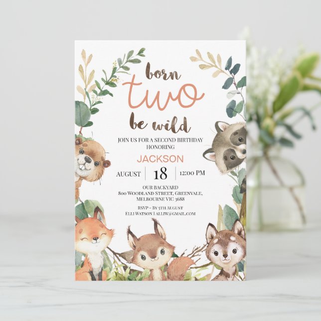 Rustic Brown Woodland Born Two Be Wild Birthday Invitation (Standing Front)