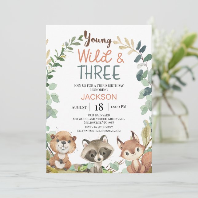 Rustic Brown Woodland Young Wild Three Birthday Invitation (Standing Front)