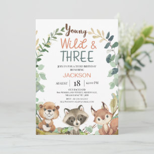 Rustic Brown Woodland Young Wild Three Birthday Invitation