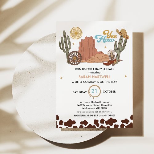 Rustic Brown Yea Haw Little Cowboy Baby Shower Invitation
