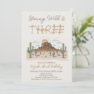 Rustic Brown Young Wild and Three 3rd Birthday Invitation