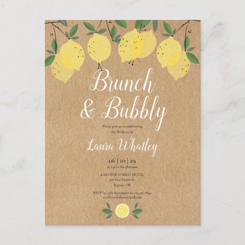 Rustic Brunch and Bubbly Lemon Bridal Shower Announcement Postcard