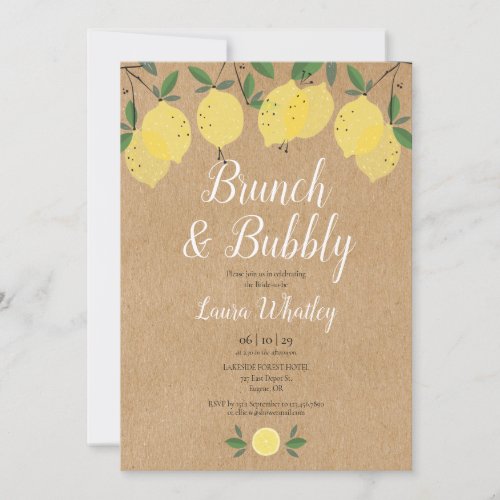 Rustic Brunch and Bubbly Lemon Bridal Shower Invitation