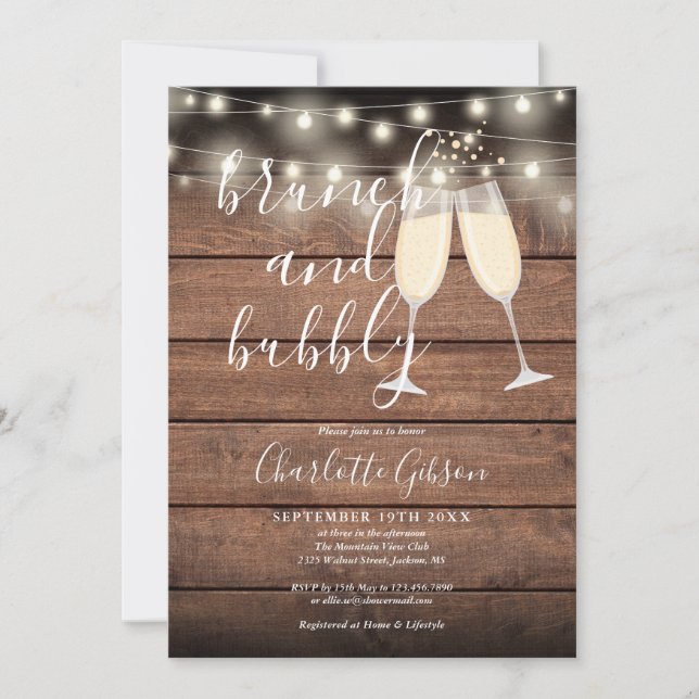 Rustic Brunch And Bubbly QR Code Bridal Shower Invitation (Front)