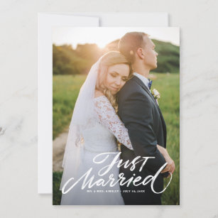 Rustic Brush Lettering Just Married Overlay Photo Thank You Card