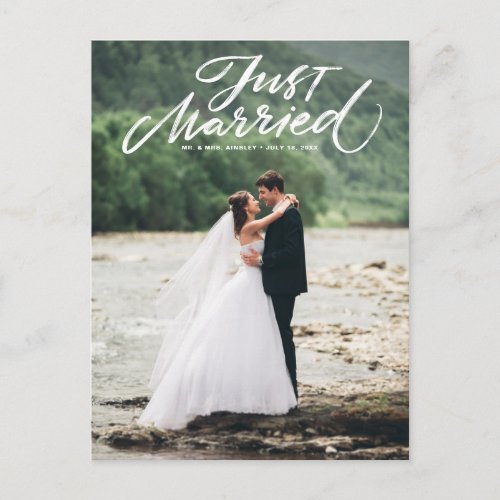 Rustic Brush Lettering Just Married Photo Postcard