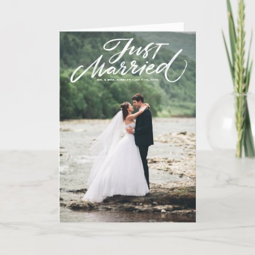 Rustic Brush Lettering Just Married Photo Thank You Card