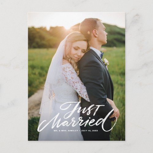 Rustic Brush Lettering Just Married Vertical Photo Postcard