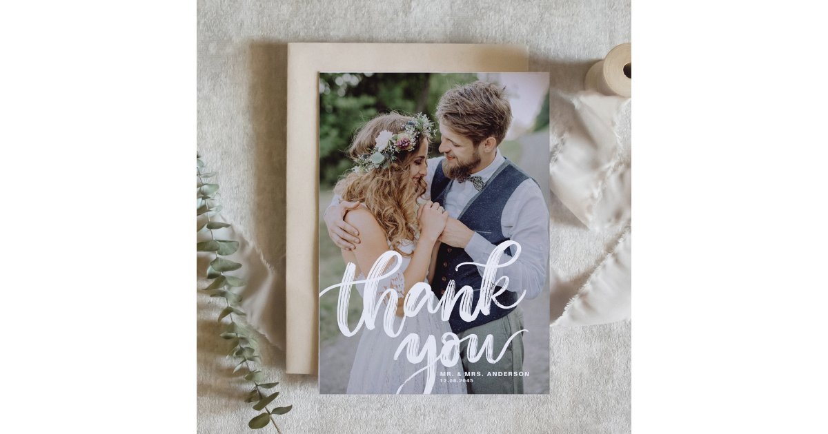 Rustic Brush Lettering Overlay Photo Wedding Thank You Card | Zazzle