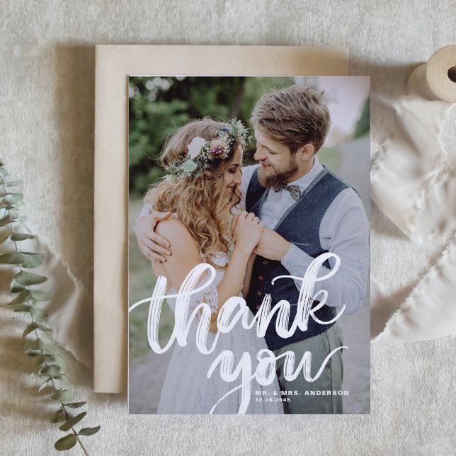 Rustic Brush Lettering Overlay Photo Wedding Thank You Card (Creator Uploaded)