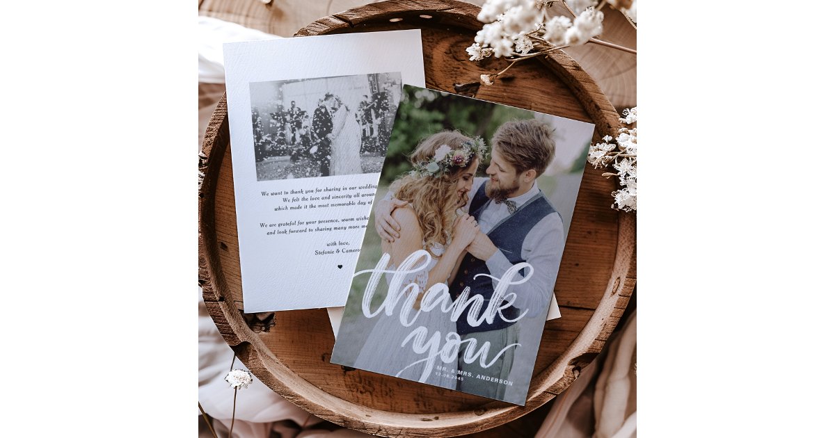 Rustic Brush Lettering Overlay Photo Wedding Thank You Card | Zazzle