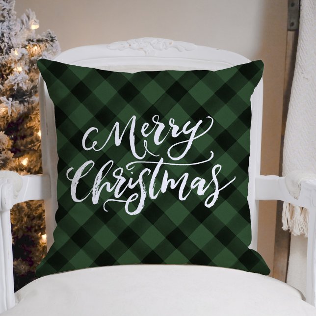 Rustic Brush Script Merry Christmas Green Plaid Throw Pillow (Creator Uploaded)