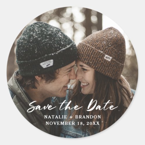 Rustic Brush Script Wedding Save the Date Photo Classic Round Sticker