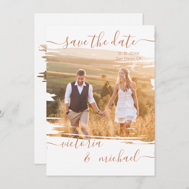Rustic Brush stroke Wedding Photo Save the date Invitation (Front/Back)