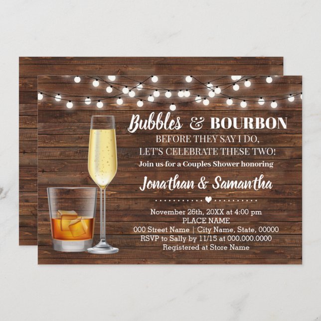 Rustic Bubbles & bourbon before I do wedding party Invitation (Front/Back)