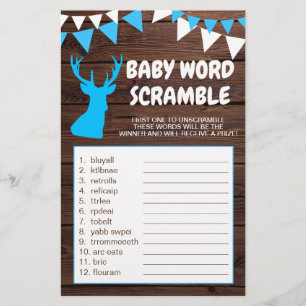 Rustic Buck Blue Boy Baby Shower WORD SCRAMBLE Flyer