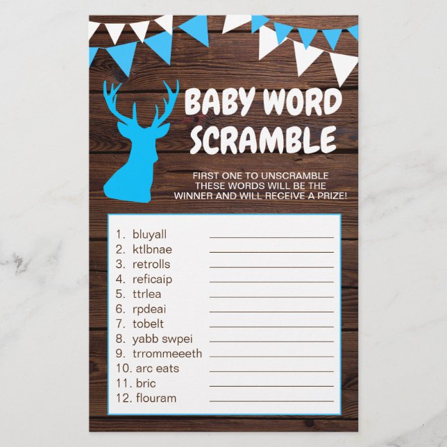 Rustic Buck Blue Boy Baby Shower WORD SCRAMBLE Flyer (Front)