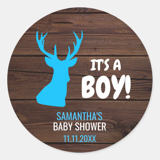 Rustic Buck Deer Boy Theme Baby Shower Envelope Classic Round Sticker ...