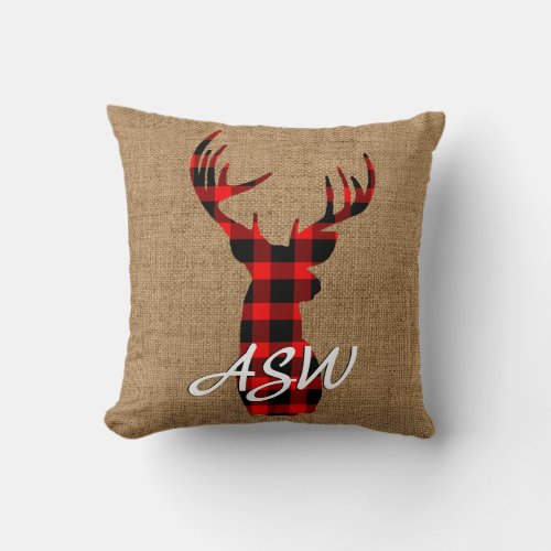 Rustic Buck Deer Hunting Lumberjack Plaid Throw Pillow