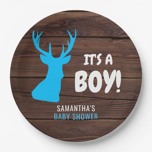 Rustic Buck Deer Wood IT'S A BOY Baby Shower Paper Plates (Front)