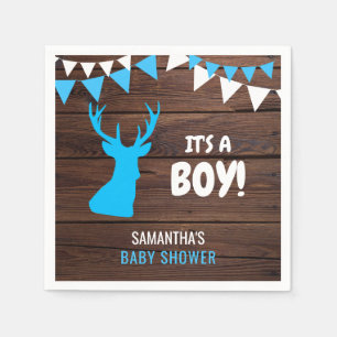 Rustic Buck Deer Wood Theme Blue Boy Baby Shower Napkins
