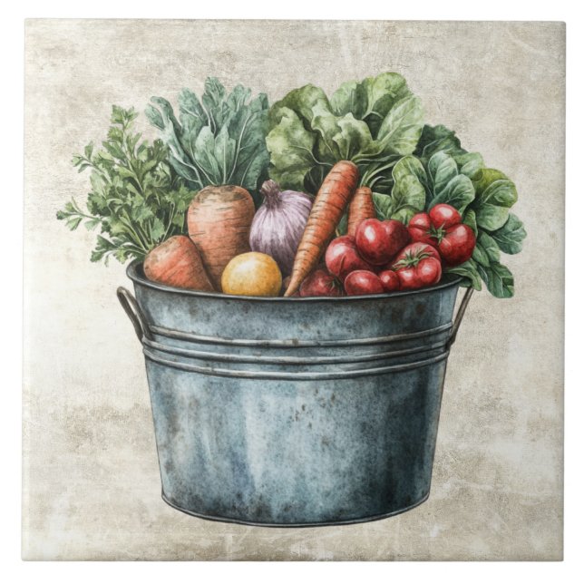 Rustic Bucket full of Vegetables  Ceramic Tile (Front)