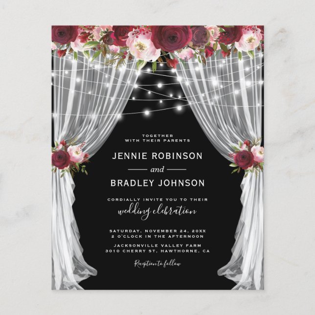 Rustic Budget Burgundy Floral Wedding Invitation (Front)