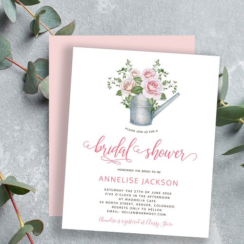 Rustic BUDGET pink floral bridal shower invitation